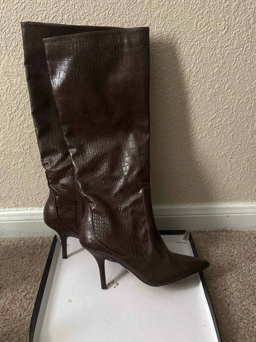 Express Dark Brown Croc-Embossed Pointed Knee Boots